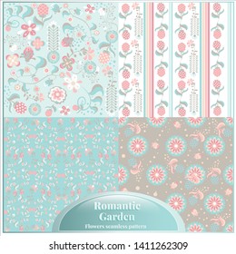 Romantic garden, flowers seamless pattern