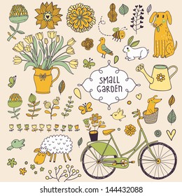 Romantic garden set with a lot of elements: bicycle, dog, plants, sheep, birds, rabbit, watering can. Summer farm card. vintage vector background.