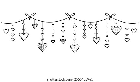 Romantic garland with hearts. Decorations for Valentine's day, wedding party.  Outline frame for invitation card, celebration and holidays