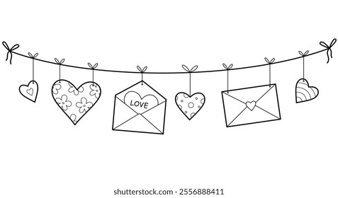 Romantic garland with hearts and envelopes. Love theme romance, Valentine's Day.  Outline illustration, isolated on white background	