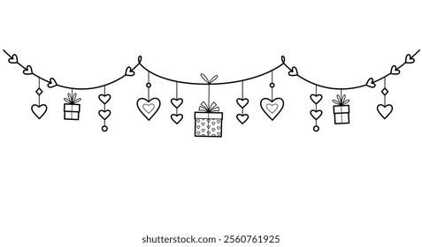 Romantic garland with hearts and gifts. Decorations for Valentine's day. Outline frame for invitation card, celebration and holidays