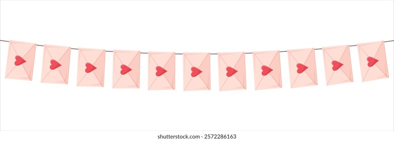 Romantic garland with valentines envelopes isolated on white background. Vector illustration for valentines day, poster and wedding concept.