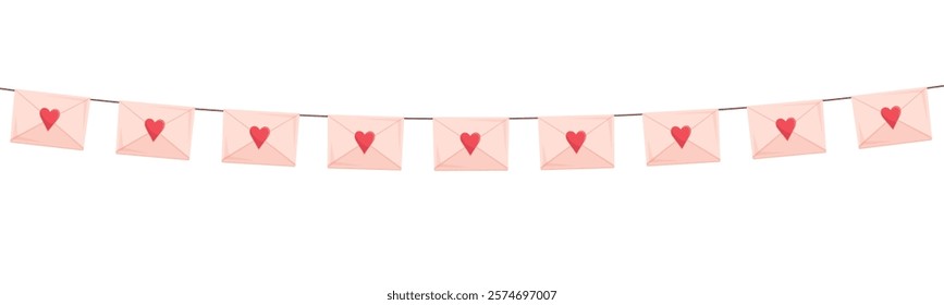 Romantic garland with valentines envelopes isolated on white background. Template for your design valentines day, poster and wedding concept.