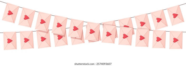 Romantic garland with valentines envelopes on white background. Vector illustration for valentines day, poster and wedding concept.