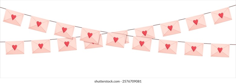 Romantic garland with valentines envelopes. Vector illustration for valentines day, poster and wedding concept.