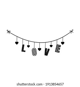 romantic garland with the word love, vector illustration, decor, decoration, print, wedding, valentine's day