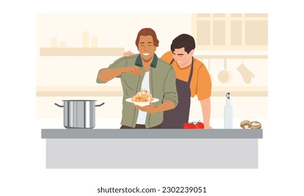 Romantic gay couple cooking in the kitchen. LGBT male couple having fun together while preparing healthy food.