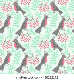 Romantic gentle birds with tribal ornament and floral leaves. Vector seamless pattern background.