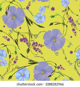 Romantic gentle floral pattern with field plants and flax flowers. Botanical motifs scattered randomly on a green background. Seamless vector for fashion prints, textiles, wallpapers, tiles, wrapping 