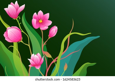 Romantic gentle flowers background design. Realistic and detailed pink magnolia with floral decoration. Fine intricate roses or magnolia flowers arrangement on dark green backdrop.