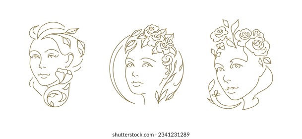 La mujer romántica y gentil retrato flor flores línea continua de arte logo conjunto ilustración vectorial. Elegante estética femenina cara floral florido peinado estilo minimo ícono para la peluquería de coiffuro de belleza