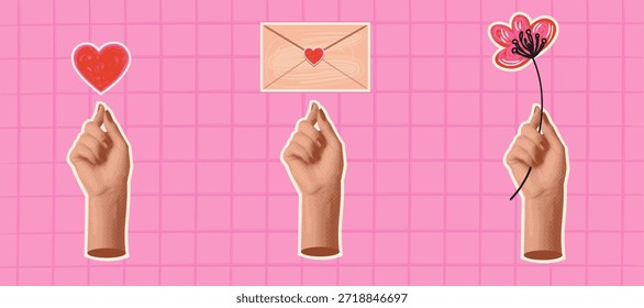 Gesto romántico que muestra símbolos de corazón, sobre y flores. Concepto de amor de San Valentín de tono medio retro con la mano apuntando a los Elementos de la pasión en el diseño de cómic moderno.