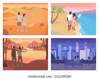 Romantic getaway with beloved flat color vector illustration set. Dreamy dates. Men and women embracing 2D simple cartoon characters collection with sunset and nighttime landscapes on background