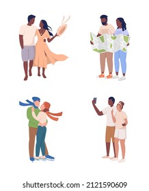 Romantic getaways semi flat color vector characters set. Full body people on white. Couple relaxing activities. Travel experience simple cartoon style illustration for web graphic design and animation