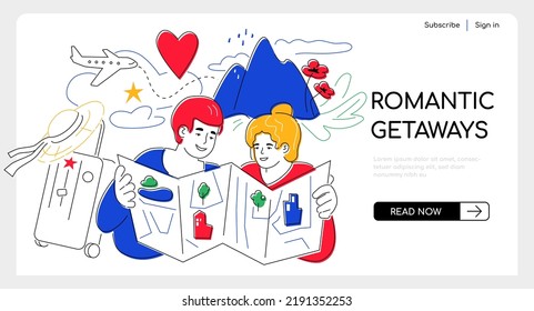 Vacaciones románticas y turismo - Banner web de diseño plano con espacio de copia para texto. Encabezado de color con un par de aventureros. Mapa de viajes e itinerario, equipaje, avión, monumentos y luna de miel