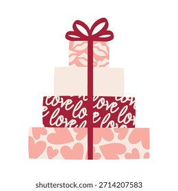 Cajas de regalo románticas apiladas con patrones temáticos de amor y lazo de cinta roja. Regalo de San Valentín