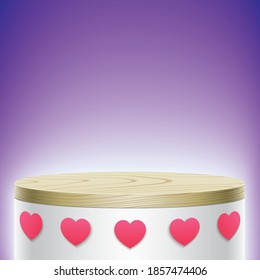 Romantic gift card vector design. Wooden cover white oval display, with pink heart icons, on a purple background, with ambient light. Valentine's day card, for gift showcasing, or product placement.