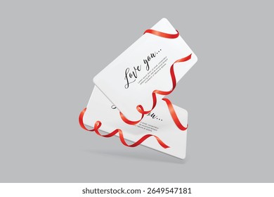 Romantic gift cards with red ribbon stacked in modern layout. Perfect for love-themed promotions, Valentine’s Day, or special events.