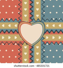 Romantic gift design with two stitched ribbons and heart-shaped greeting card on cute polka dot background. Seamless vector illustration in elegant retro color palette