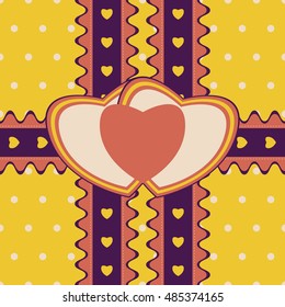 Romantic gift design with two stitched ribbons and double heart-shaped greeting card on cute polka dot background. Seamless vector illustration in bright retro color palette