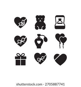 Conjunto de iconos de regalo romántico: rejilla de silueta negra con corazones, oso de peluche, caja de anillo, perfume, globos y regalos