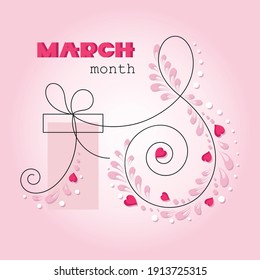 Romantic gift. International Womens Day. March, 8. Greeting card, frame with hearts in a spiral and gift. Design for holiday discounts and sales. Vector illustration.