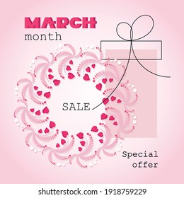 Romantic gift. Special offer. March sale. International Womens Day. Greeting card, poster. 