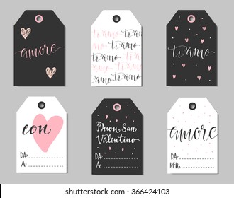 Romantic gift tags in Italian. Translations - amour, I love you, Happy Valentine's day, from and to.