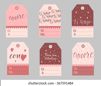 Romantic gift tags in Italian. Translations - amour, I love you, Happy Valentine's day, from and to.