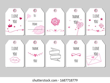 Etiquetas de regalo románticas. Tarjetas vectoras y etiquetas para San Valentín. Cuestas cartas románticas con corazones rosas, besos y dulces. Ilustración Eps 10. 