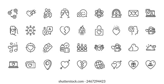 Romantisches Geschenk, Romantischer Vortrag und Dating App Line Icons Pack. KI, Frage und Antwort, Map Pin-Symbole. Valentine, Care, Equality Web Icon. Halt Herz, Herz, LGBT-Piktogramm. Vektorgrafik