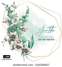 plantilla de regalo romántica con flores de campo marrón y verde claro y hojas verdes sobre fondo acuarela. carta de invitación a bodas de felicitación pastel con hierbas decorativas.tarjeta de invitación