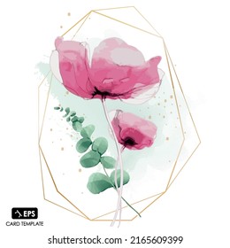 romantic gift template with pink rose flowers and green eucalyptus branches leaves on watercolor background. pastel congratulation wedding invitation card with decor herbs. Invite gouache card for her