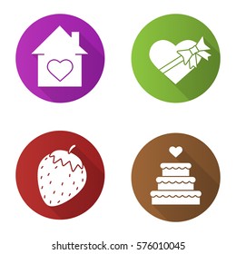 Romantic gifts flat design long shadow icons set. House with heart shape, candies box with bow and ribbon, strawberry, wedding cake. Valentines day presents. Vector silhouette illustration