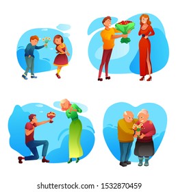 Romantic gifts flat vector illustrations set. Little children, young people and elderly couple cartoon characters. Men giving women beautiful flowers. Valentine day celebration, love expression