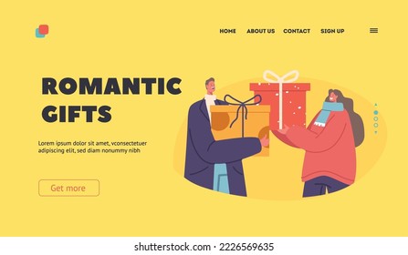 Romantic Gifts Landing Page Template. Couple Celebrate Festive Event. Male and Female Characters Giving Presents on Winter Holidays. Happy Pair or Friends Warm Greetings. Cartoon Vector Illustration