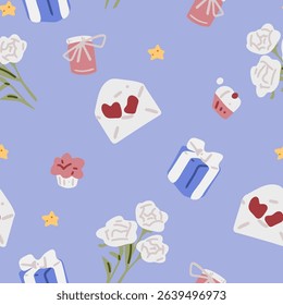 Romantic Gifts Seamless Pattern Design. Seamless pattern with white roses, love letters, gift boxes, cupcakes and stars on pastel violet background, flat cartoon style with soft romantic mood.