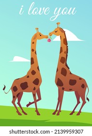 Romantic giraffes couple kissing, greeting card template, cartoon flat vector illustration. Cute animal characters with concept of Valentines day. Poster with funny giraffe holds flower in mouth.