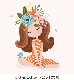 Romantic girl with flower crown and little bird vector illustration.