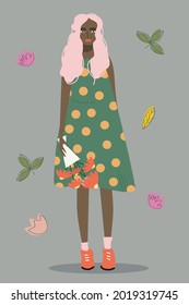 Romantic girl with flowers. Hand drawn trendy  flat illustration. Design for banner, card, placard, brochure.