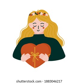 Romantic girl gives a valentines chocolates from Red heart shaped gift box with ribbon. Happy Valentine's Day Women's Confession illustration. Freehand drawing doodle style 14 February elements design