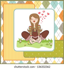 romantic girl sitting barefoot in the grass, vector illustration