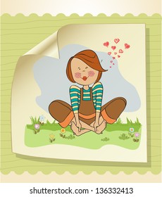 romantic girl sitting barefoot in the grass, vector illustration