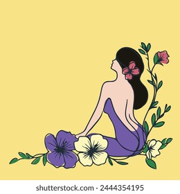 Romantic Girl Sitting with Her Back in Flowers. Harmony of Human and Nature. Vector Corner Illustration with Space for Text.