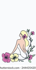 Romantic Girl Sitting with Her Back in Flowers. Harmony of Human and Nature. Vector Corner Illustration with Space for Text.