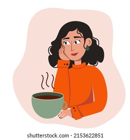 Romantic girl thinking holding a cup of hot tea. vector illustration