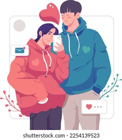 Una novia romántica se está tomando selfie con su querido novio con gran pasión. Feliz retrato de pareja joven. Concepto de San Valentín y Aniversario Feliz.