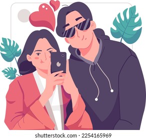 A romantic girlfriend is taking selfie with her darling boyfriend with great passion. Happy young couple portrait. Valentine's Day and Happy Anniversary concept.