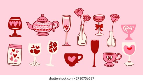Ilustración romántica de cristalería y té. Colección de Vector estético de San Valentín rosa