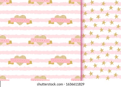 Romantic glittering seamless patterns with love sparkle golden hearts and ribbons on pink stripe background, golden star texture. Vector illustration.